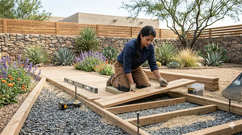person bulding a wood plank walkway
